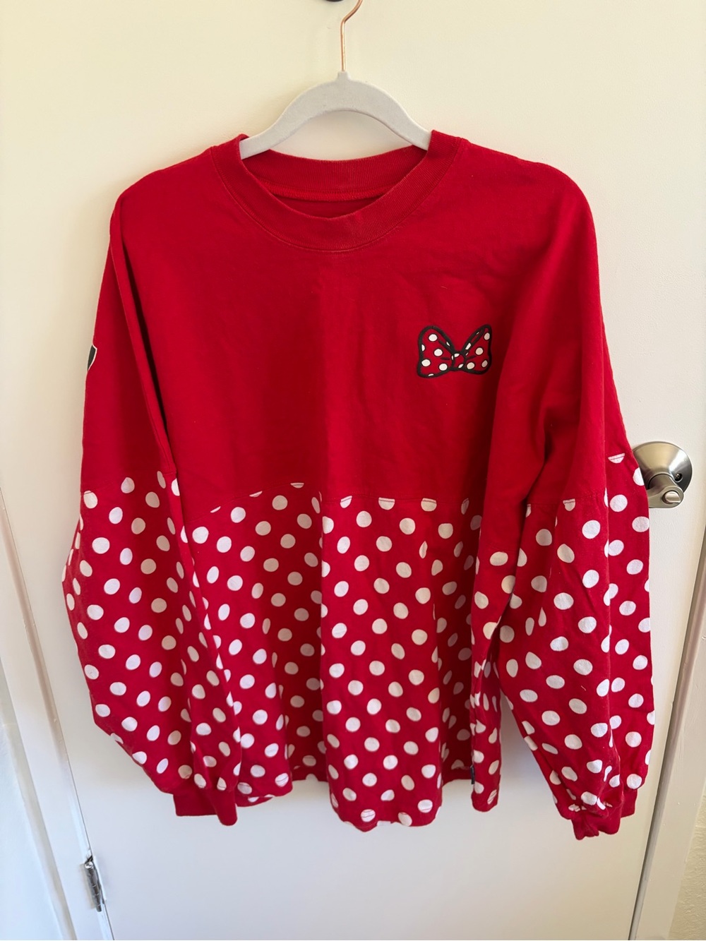 Disney Wimens Red Polka Dot Sweatshirt with Bow Patch